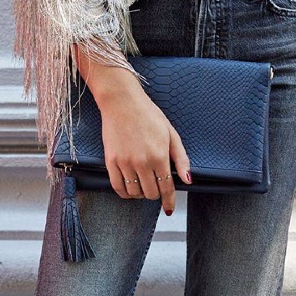 GiGi New York Handbags - GiGi New York Blue Python Leather Clutch w Tassels