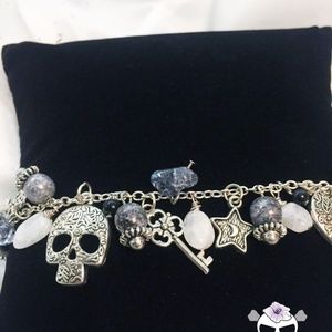 Rainbow Moonstone and Skull Charm Bracelet