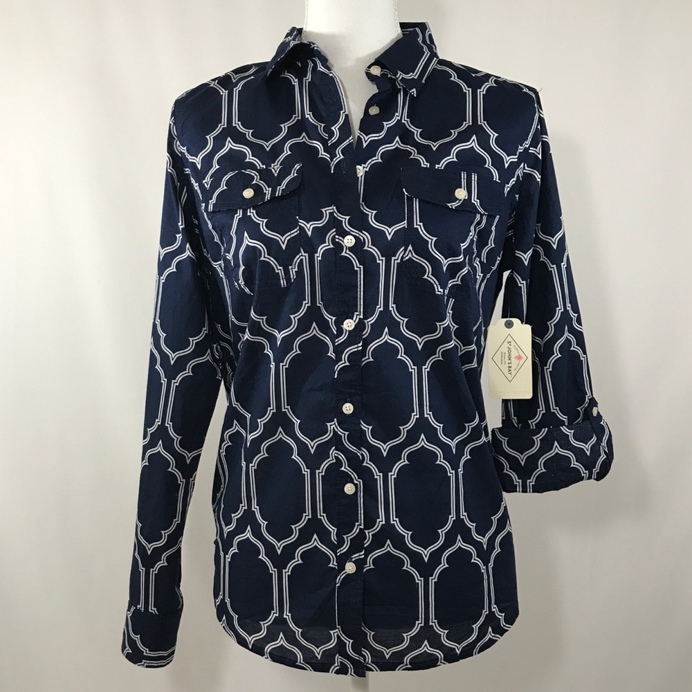 St. John's Bay Navy Status Print Button Down NWT