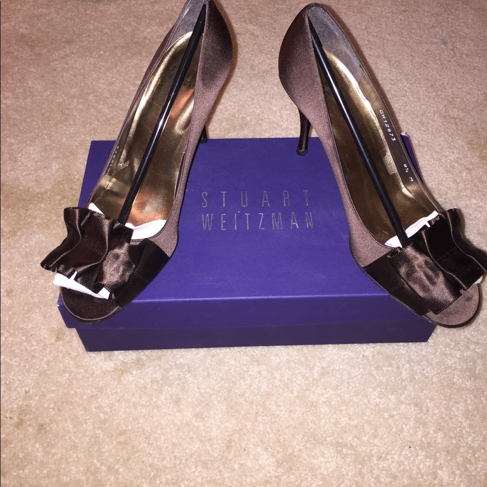Stuart Weitzman Peep Toe Chocolate Satin Pump