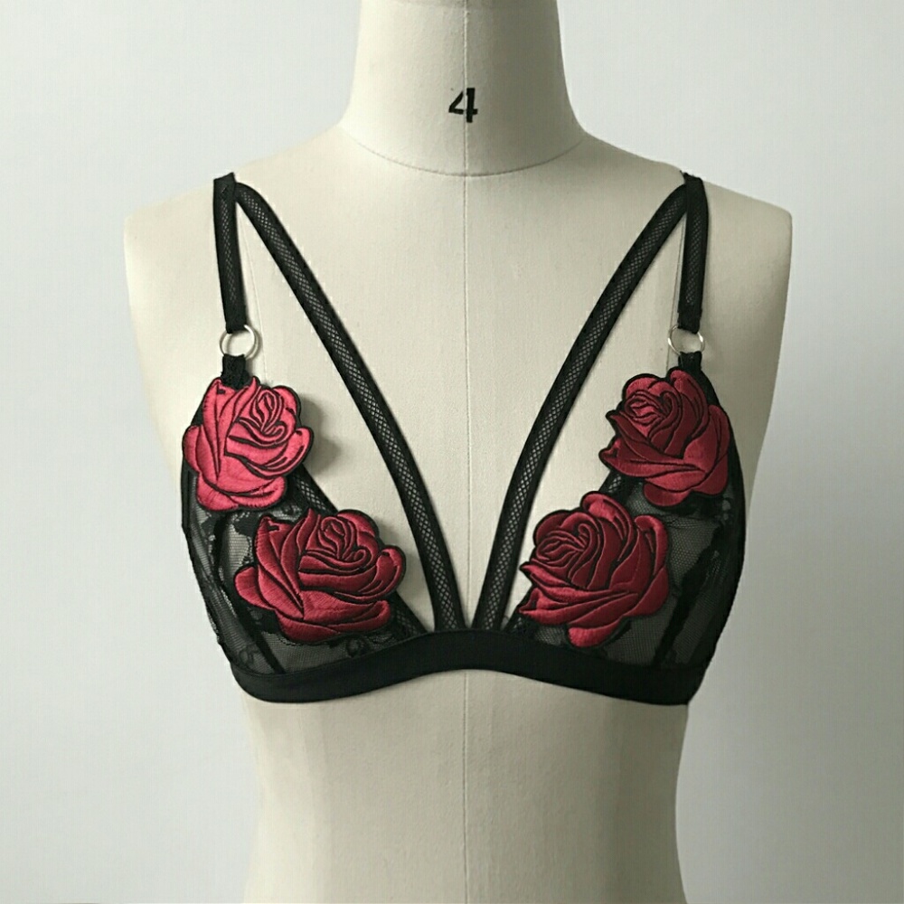 Red Plush Rose Bralette in Black