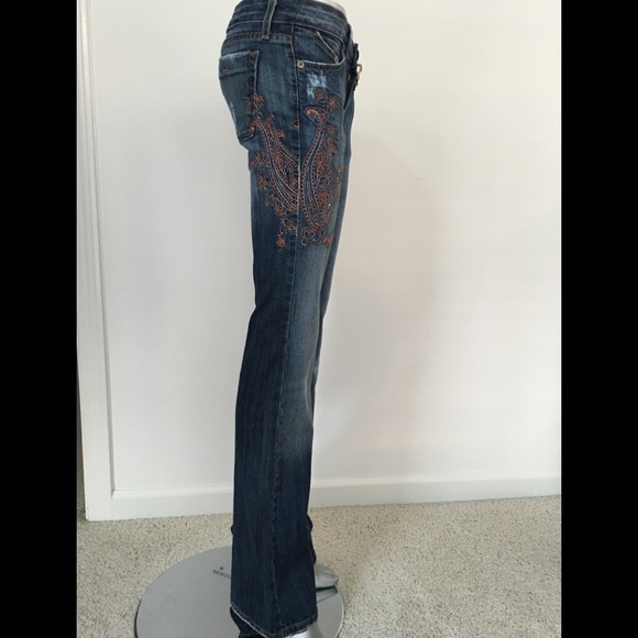 *Flared* NWT Distressed Faded Retro Embroidered Paisley Jean with Flared Legs - Picture 2 of 8