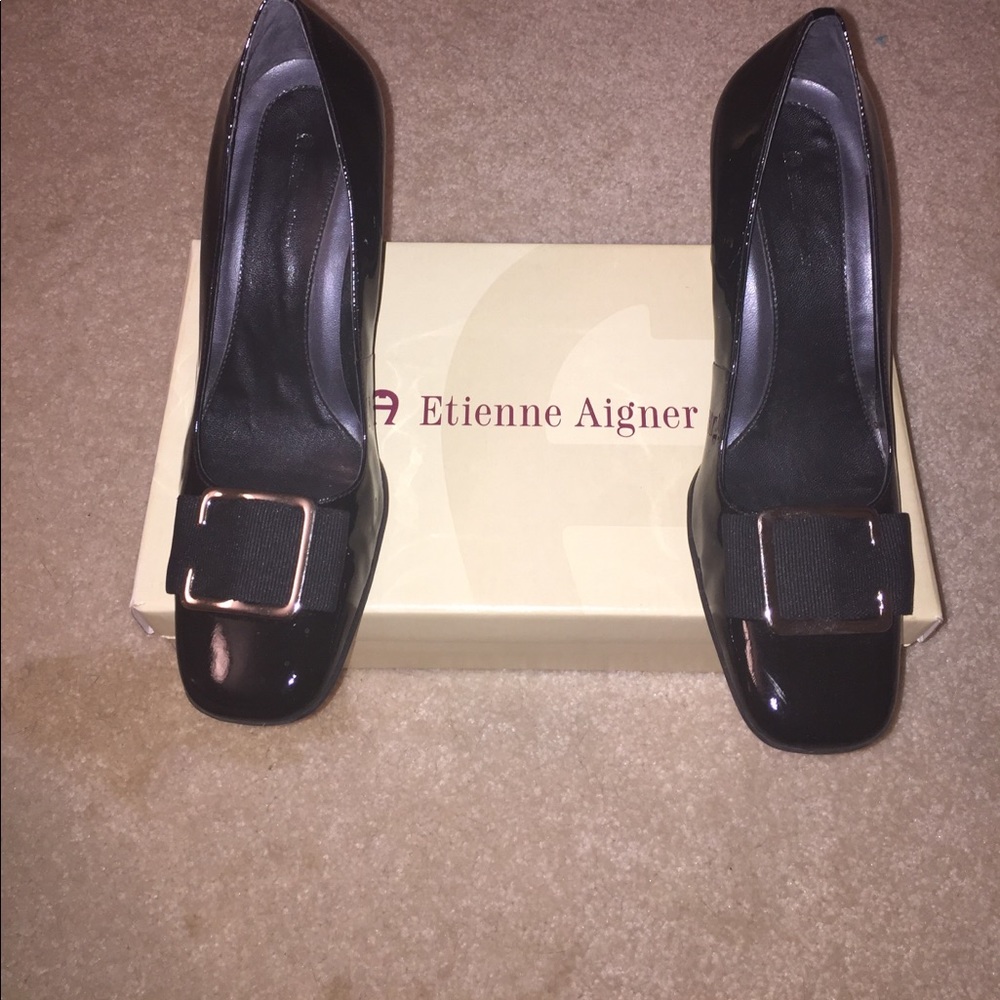 Etienne Aigner Patten Leather Buckle Block Heel