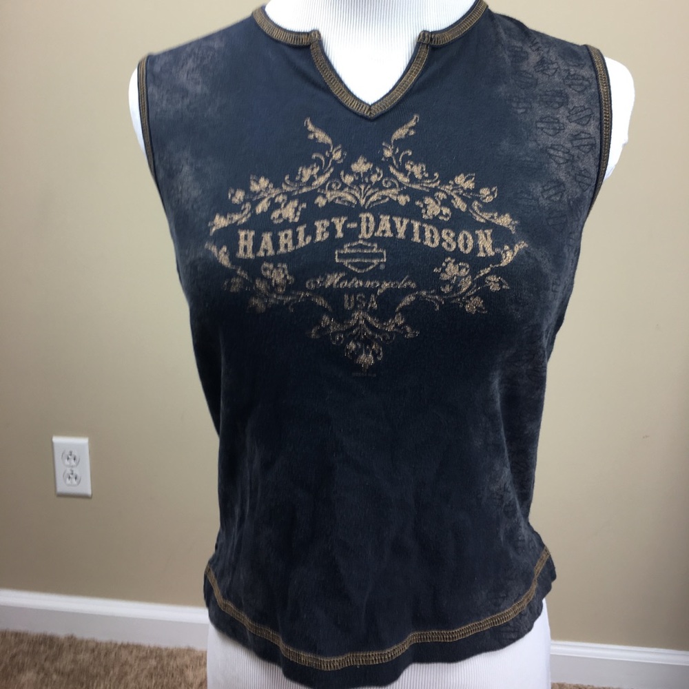 Women's Harley Davidson v-neck graphic shirt.
