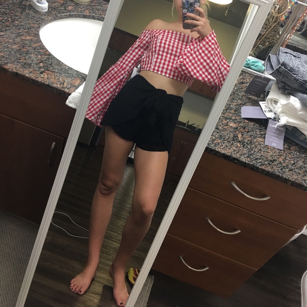 Red checkered off the shoulder top