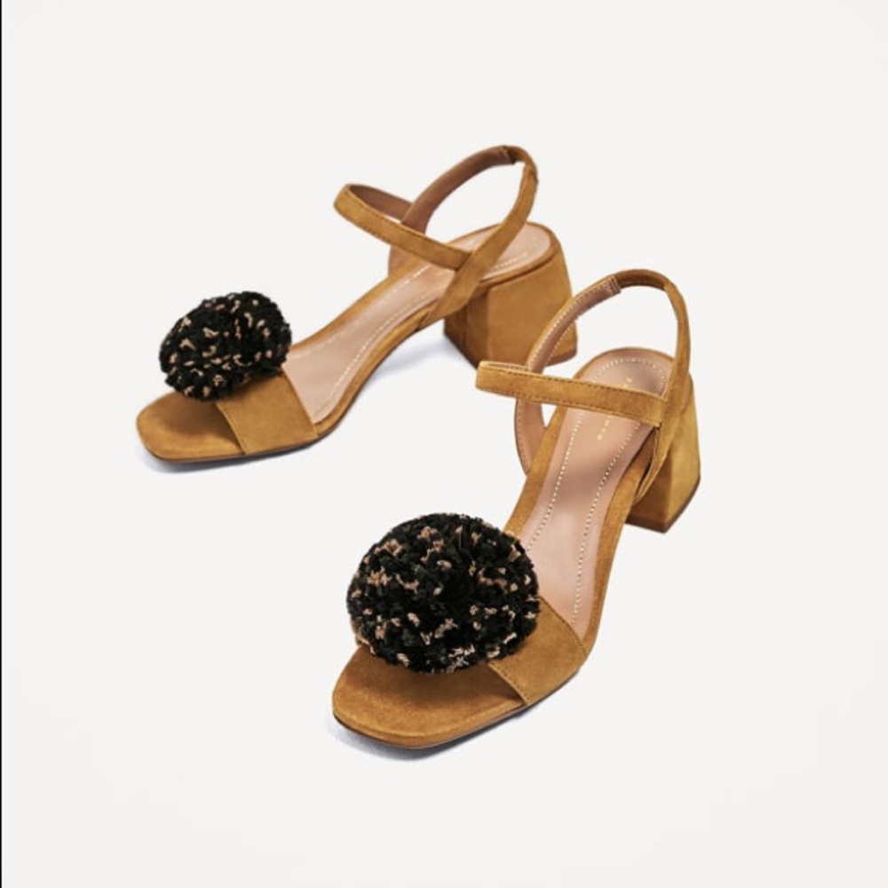 Zara leather sandals with raffia pompoms