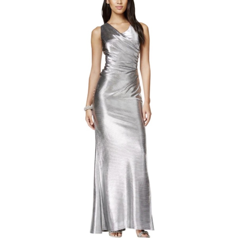 Vince Camuto Womens Metallic Shirred Evening Dress