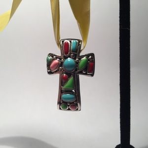 2-Sided Silver Cross, turquoise and coral stones