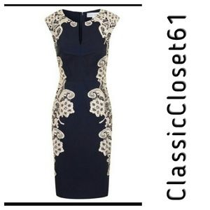 Navy And Cream Crochet Lace Panel Dress