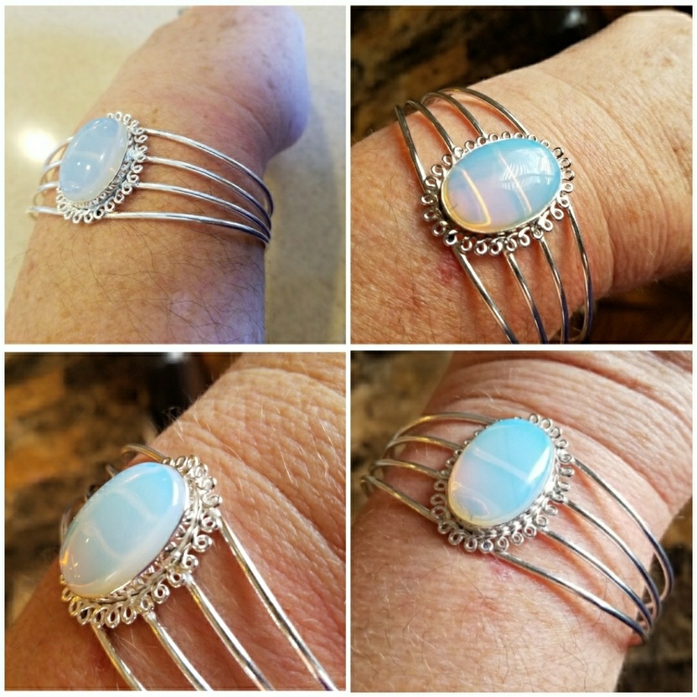 Genuine 70ct Milky Opal Cabochon Cuff Bracelet - Picture 3 of 4