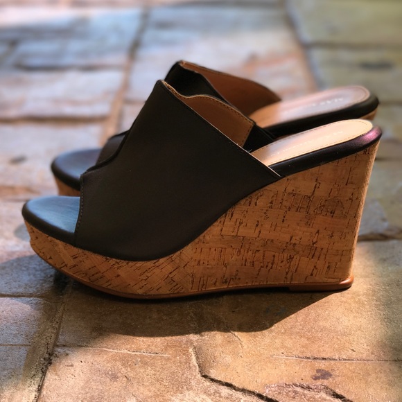 Cork Black Leather Wedge Platform Sandal - Picture 6 of 8
