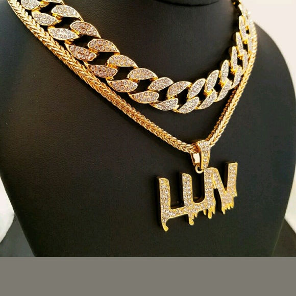 14K GOLD PLATED ICED OUT CHAINS COMBO - Picture 2 of 2