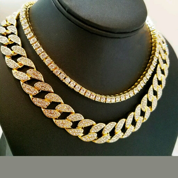 14K GOLD PLATED ICED OUT CHAINS COMBO - Picture 1 of 2