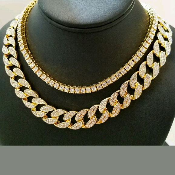 14K GOLD PLATED ICED OUT CHAINS COMBO - Picture 2 of 2