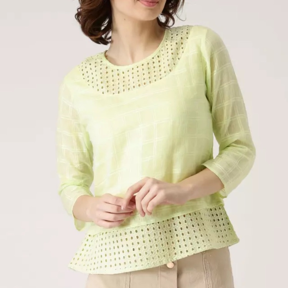 Lime green woven self checkered top