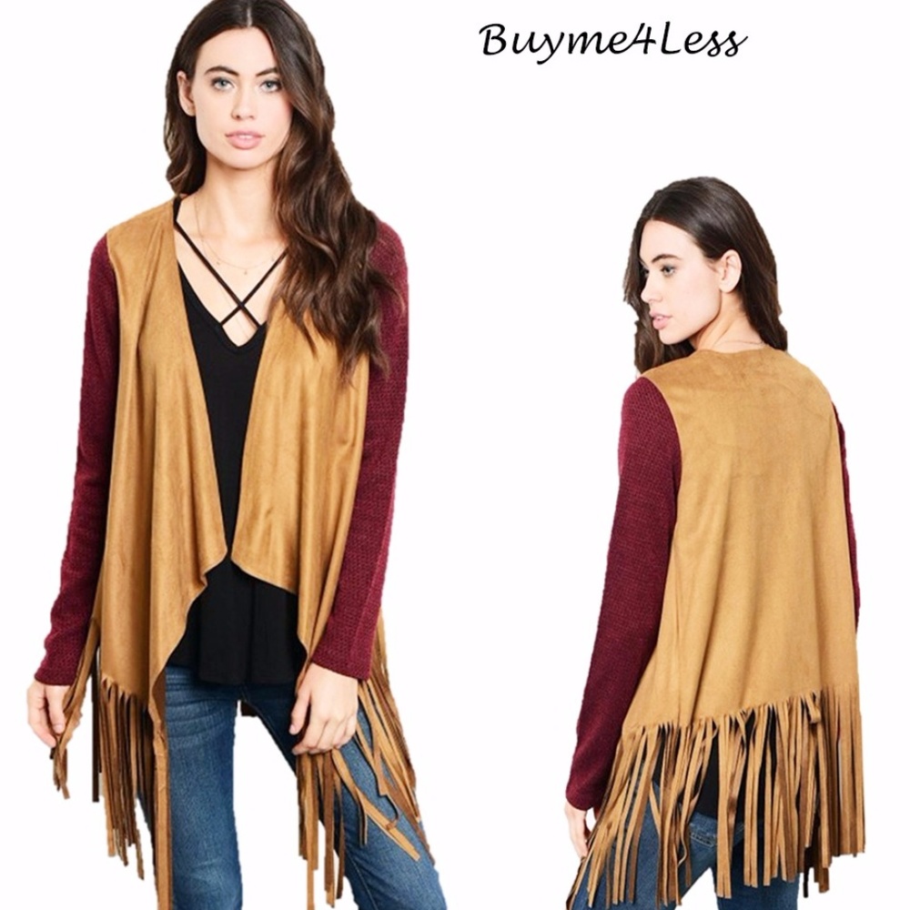 Hippie Faux Suede Fringed Drapey Sweater Cardigan
