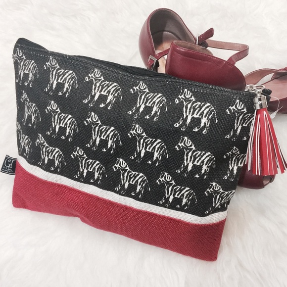 Black White & Red Zebra Print Jute Clutch - Picture 2 of 7