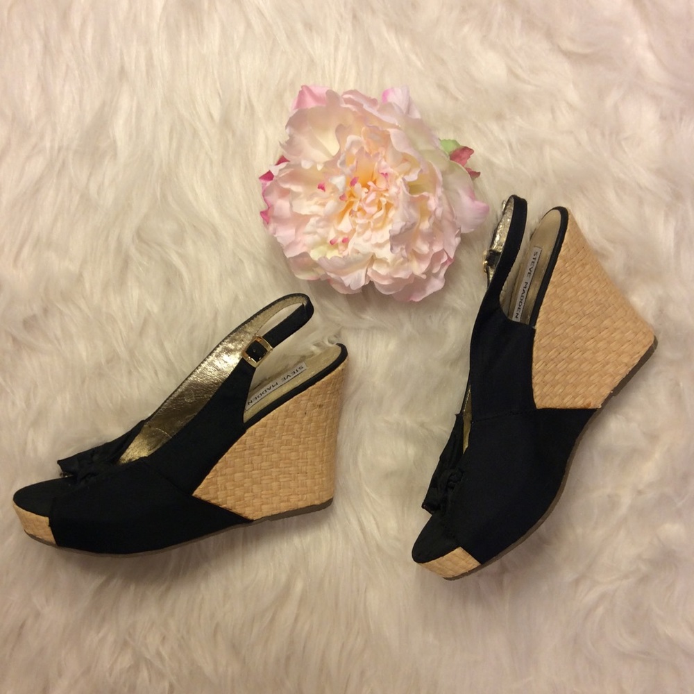 Steve Madden Wedge Heel Sandals Black and Tan