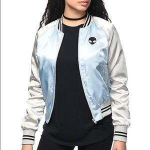 Alien Light Blue & Silver Bomber Jacket SATIN. NWT