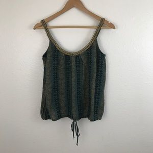 Free People Green Embroidered Gold Floral Tie Tank Free People Green Embroidered Gold Floral Tie Tank