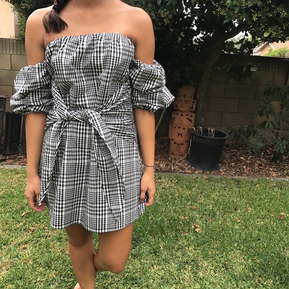 Gingham cold shoulder dress