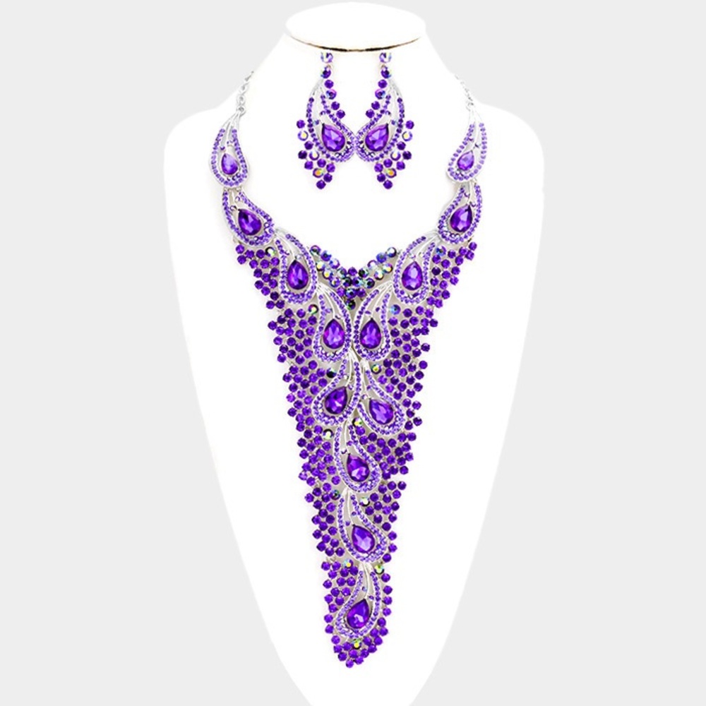 Crystal Embellished Paisley Bib Necklace Set
