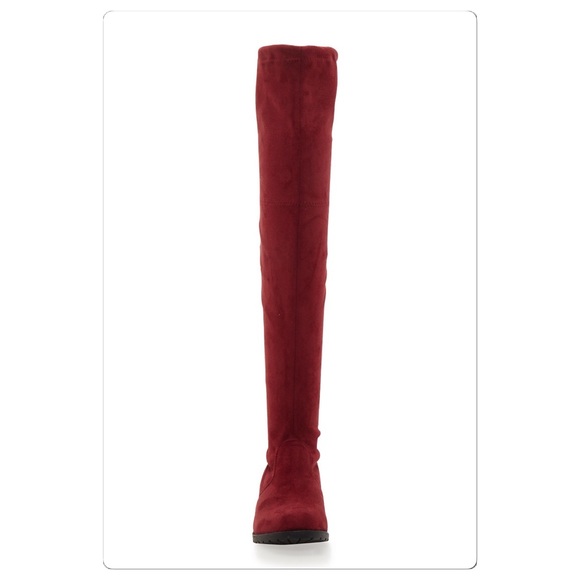 Thigh high tie back Faux Suede Boots in burgundy - Picture 2 of 4