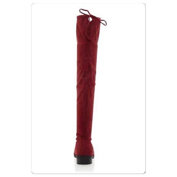 Thigh high tie back Faux Suede Boots in burgundy - Picture 3 of 4