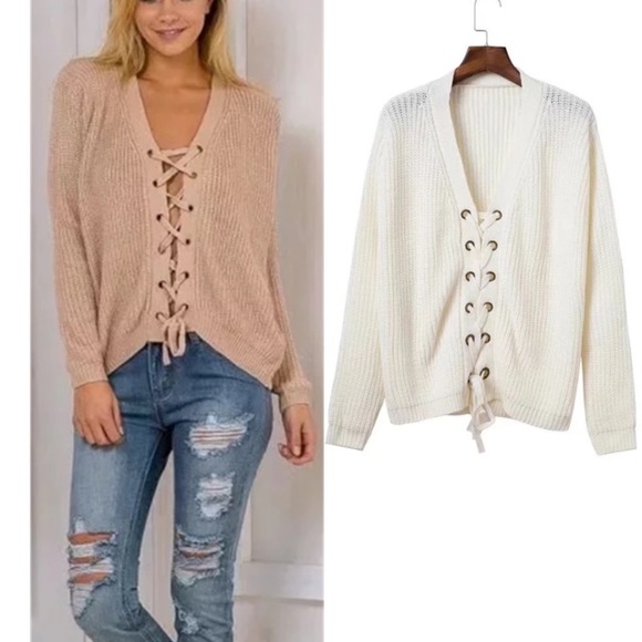 Trendy lace up knitted sweater beige 🌸new M L - Picture 2 of 6