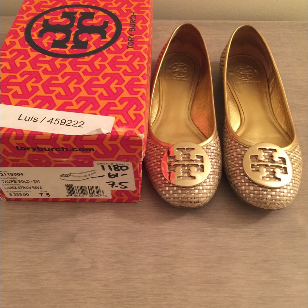 Tory Burch straw / gold / taupe reva flats 7.5