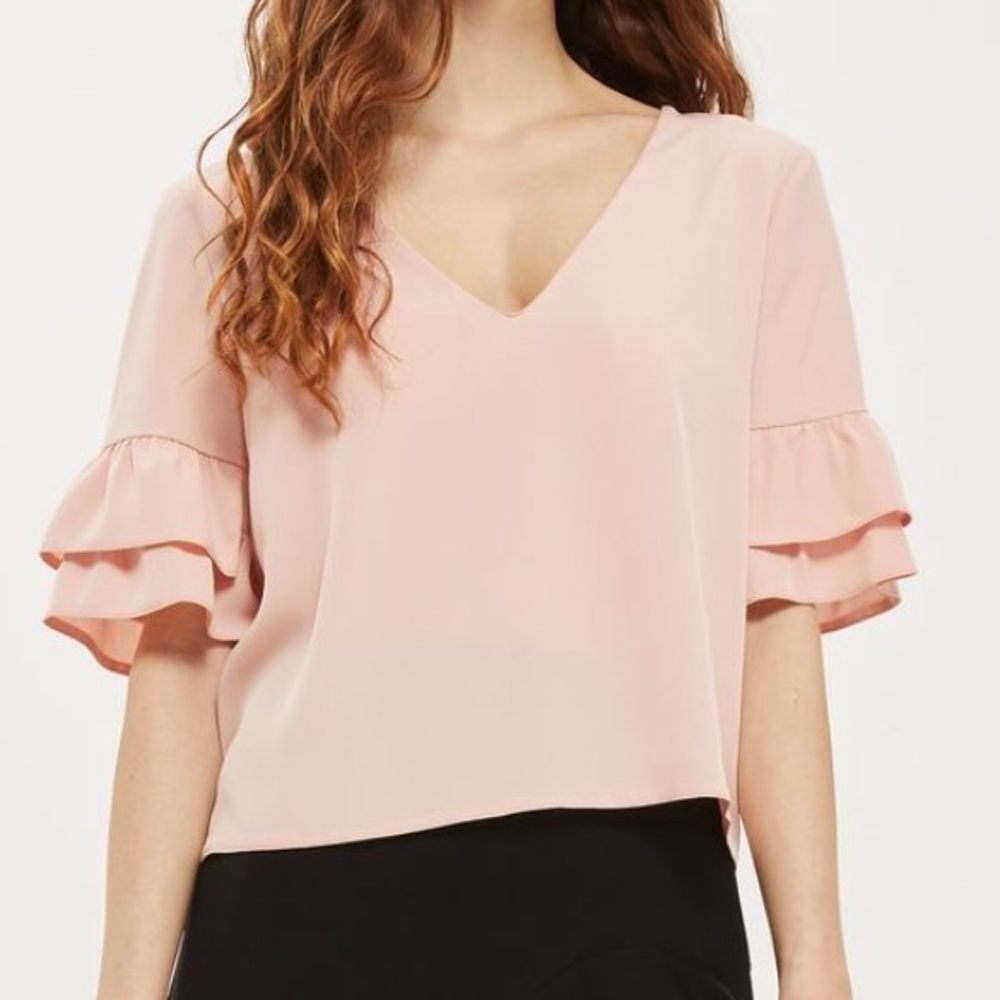 Topshop pink/cream ruffle tie top