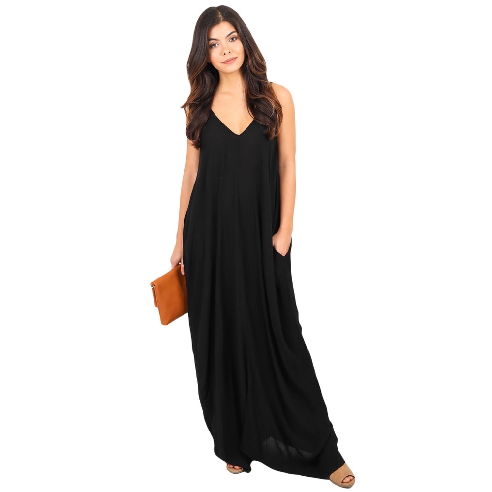 Black Boho Chic Maxi Dress with Pockets Pocketed
