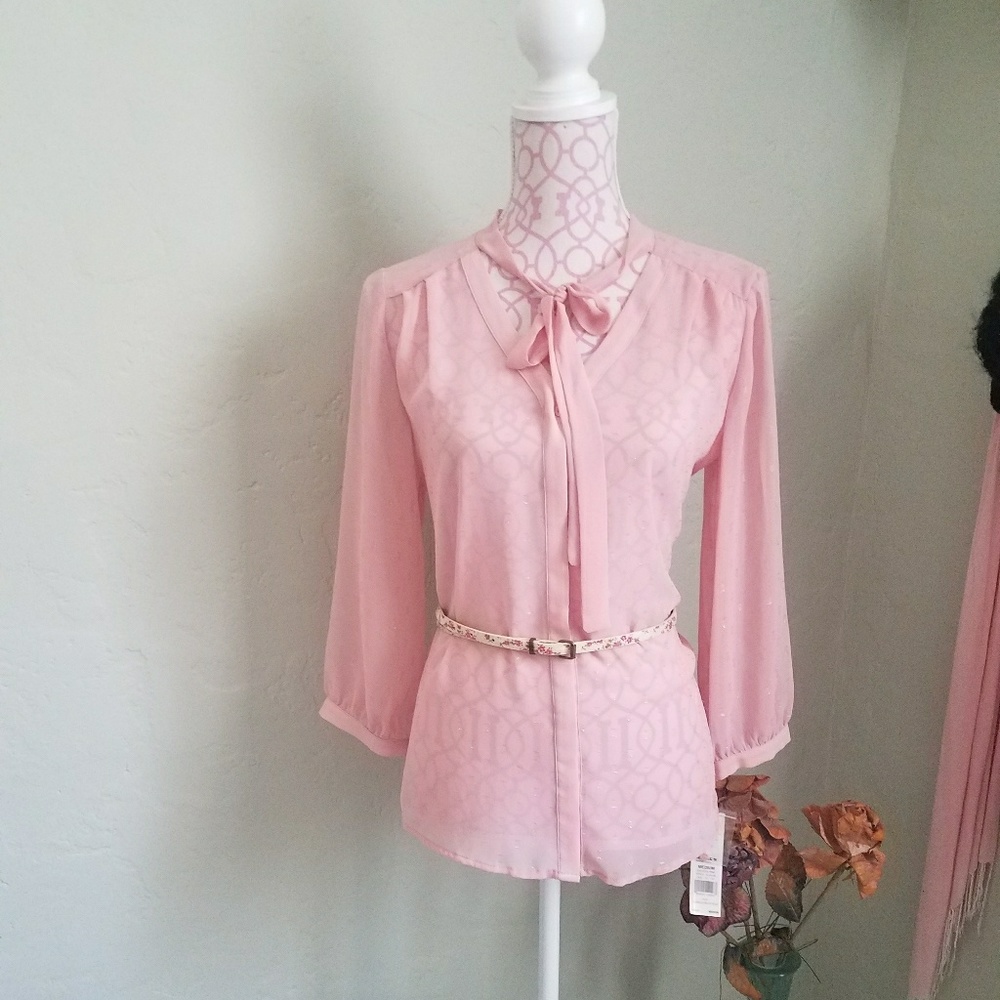 New Sheer blush choker tie blouse
