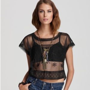 Free People Embroidered Mesh Crop Top in Black