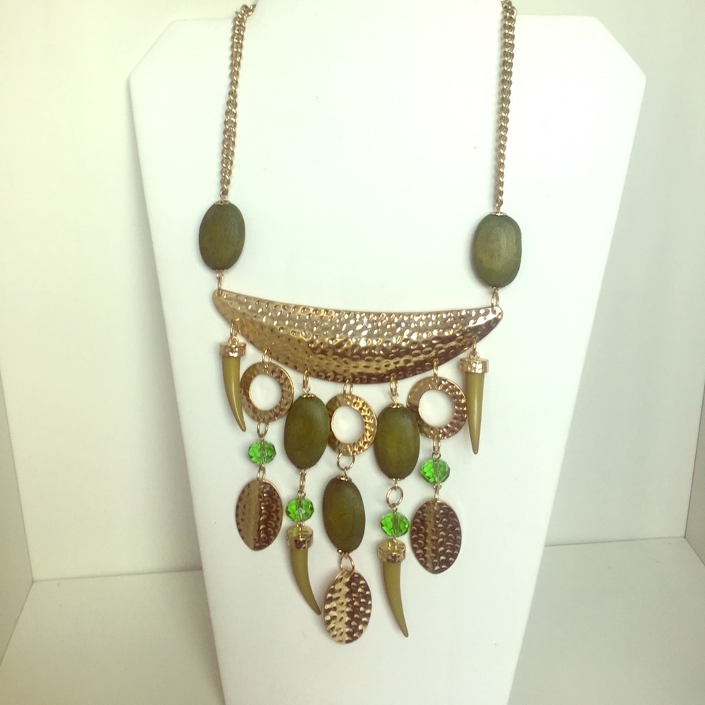 Gold plate necklace with green wooden beads