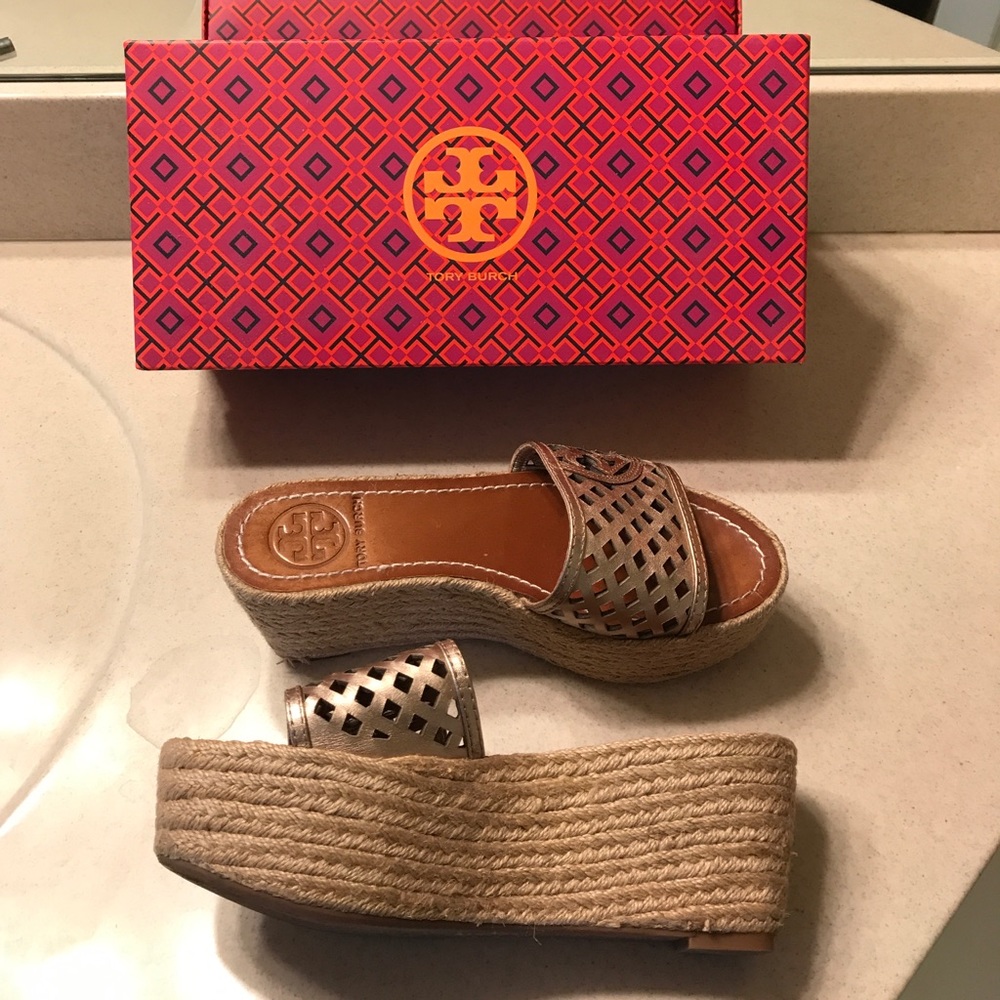 Tory Burch Thatched Perforated Wedge Slides.