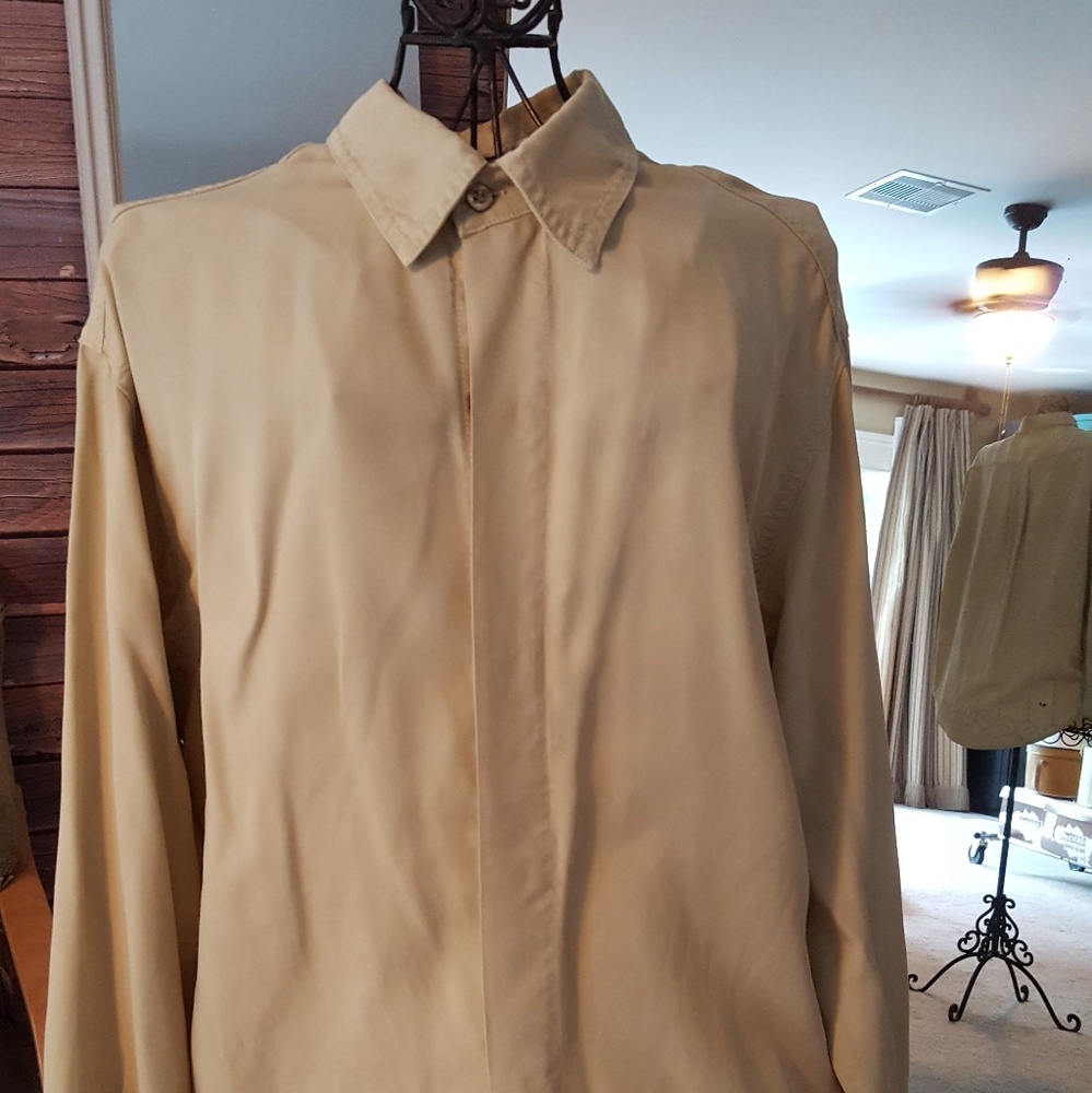 Tan blouse with button cover front
