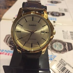 Casio watch gold tone big face brown band new