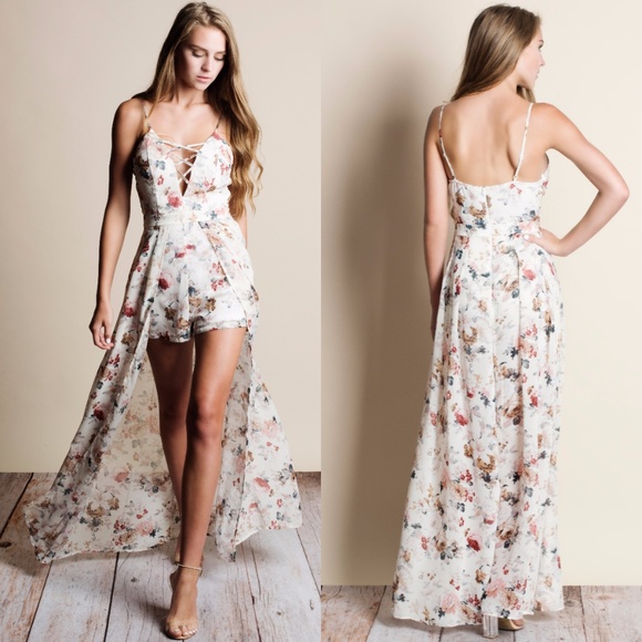 Lace Up Floral Maxi Romper - Picture 2 of 2