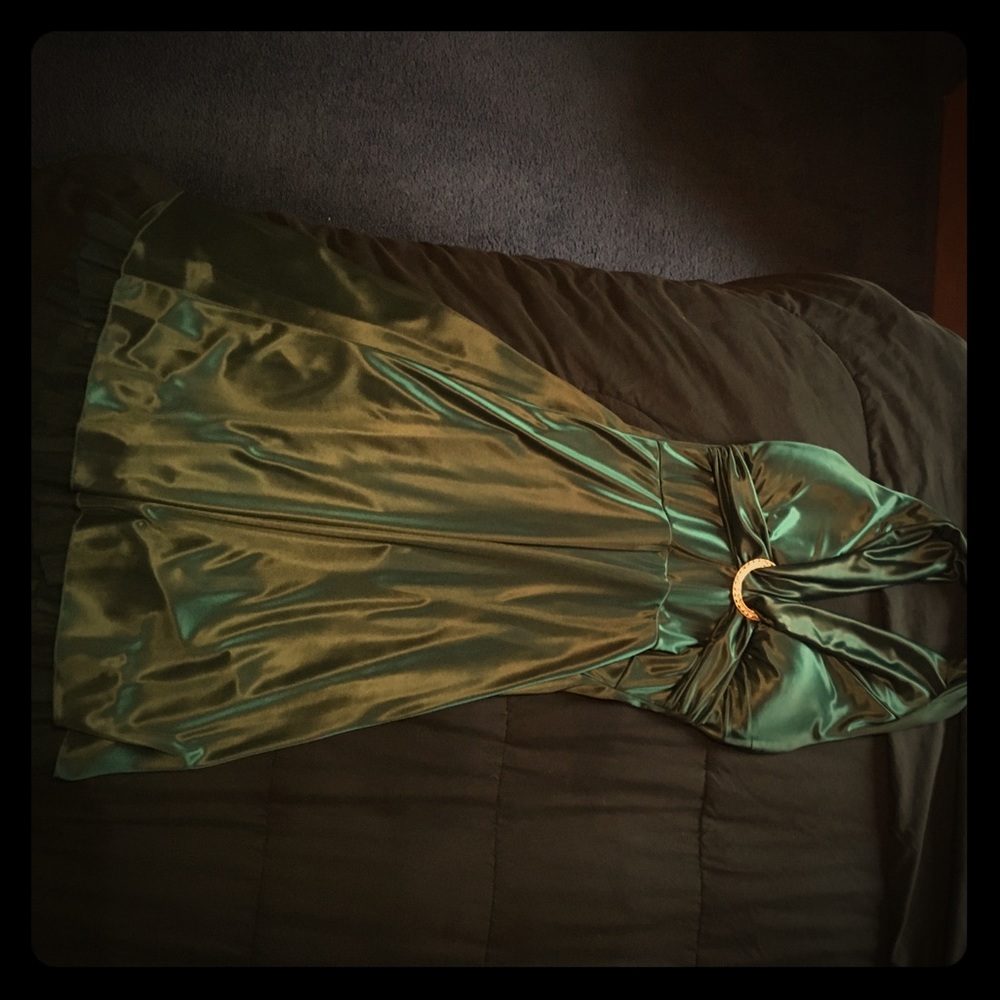 Silk halter green cocktail dress with tool accent
