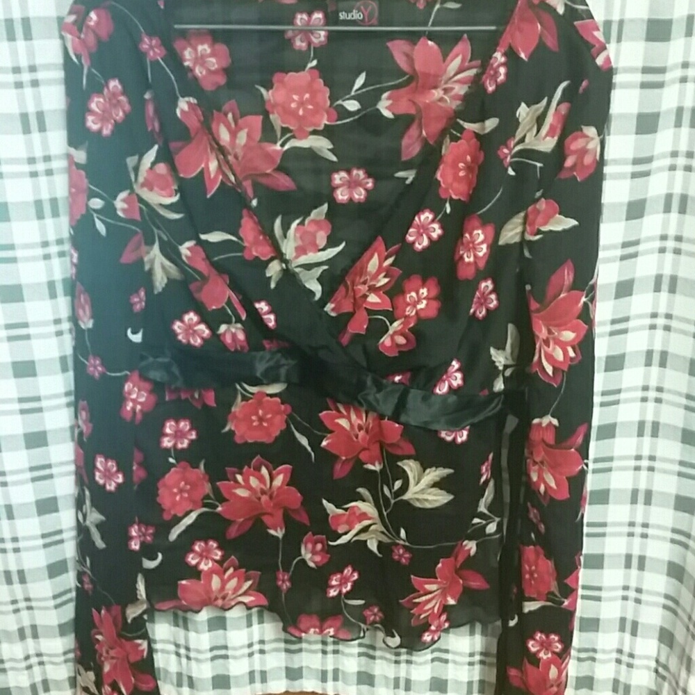 Size large studio y sheer black rose blouse