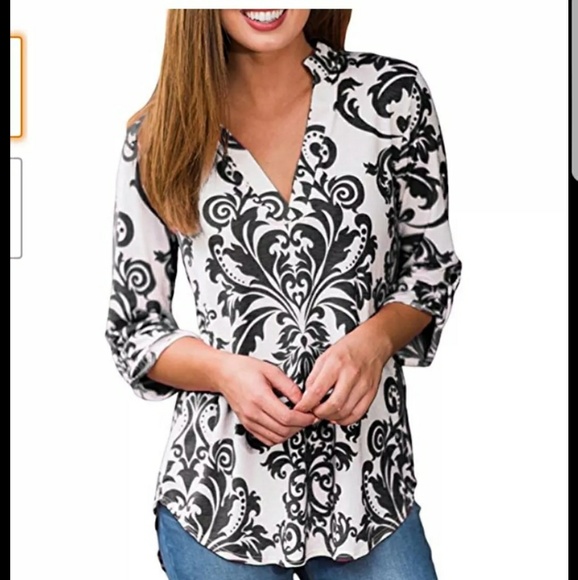 Tops - Black and white damask v neck blouse