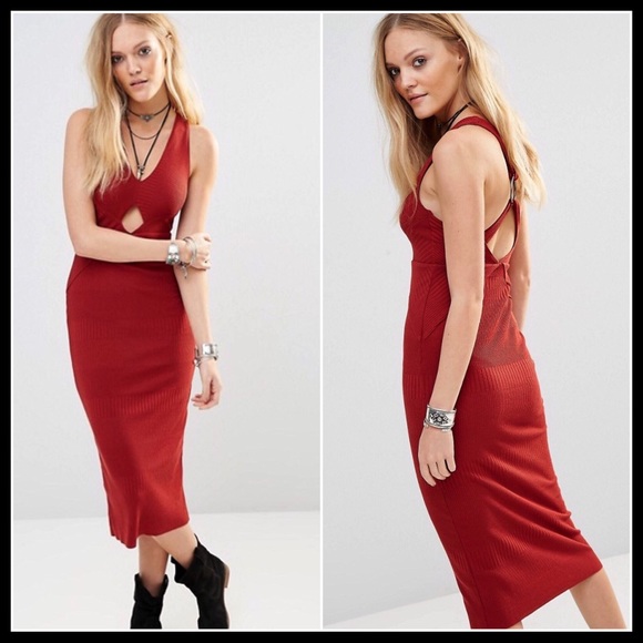 FREE PEOPLE RED MIDI DRESS Crisscross Open Back - Picture 3 of 8