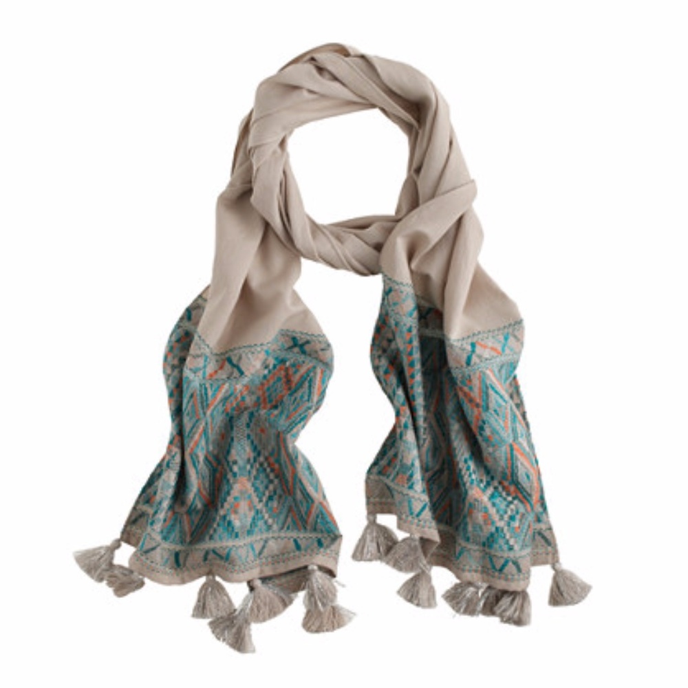 NWT J.Crew Embroidered Tassel Scarf