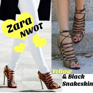 ZARA YELLOW & BLK PYTHON LACE UP HEELS NWOT RARE ZARA YELLOW & BLK PYTHON LACE UP HEELS NWOT RARE
