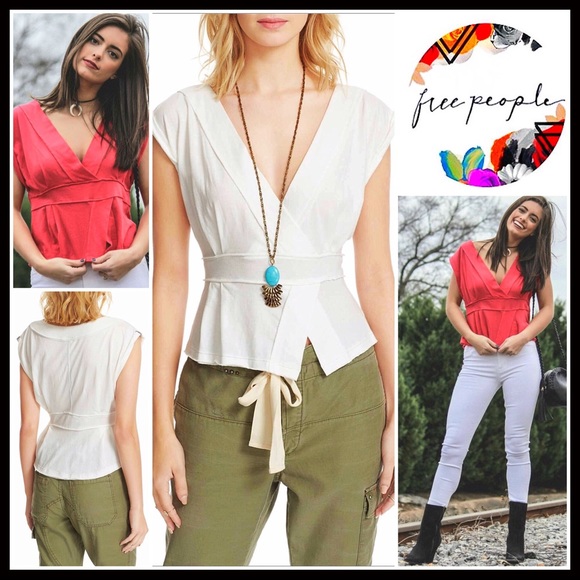 Free People Tops - FREE PEOPLE IVORY V-NECK FAUX WRAP KNIT TOP