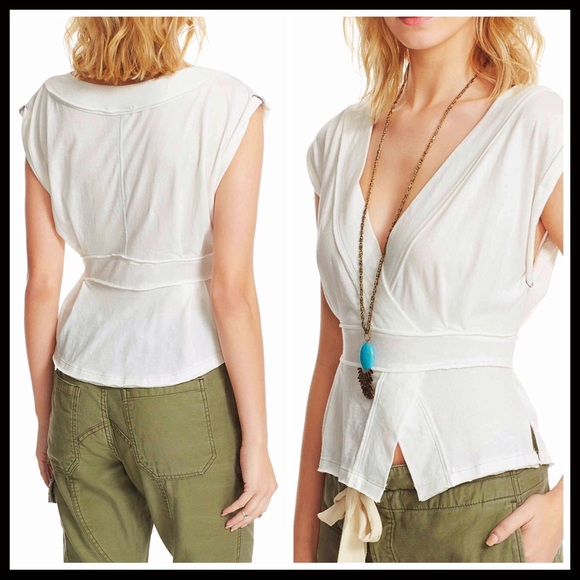 FREE PEOPLE IVORY V-NECK FAUX WRAP KNIT TOP - Picture 4 of 4