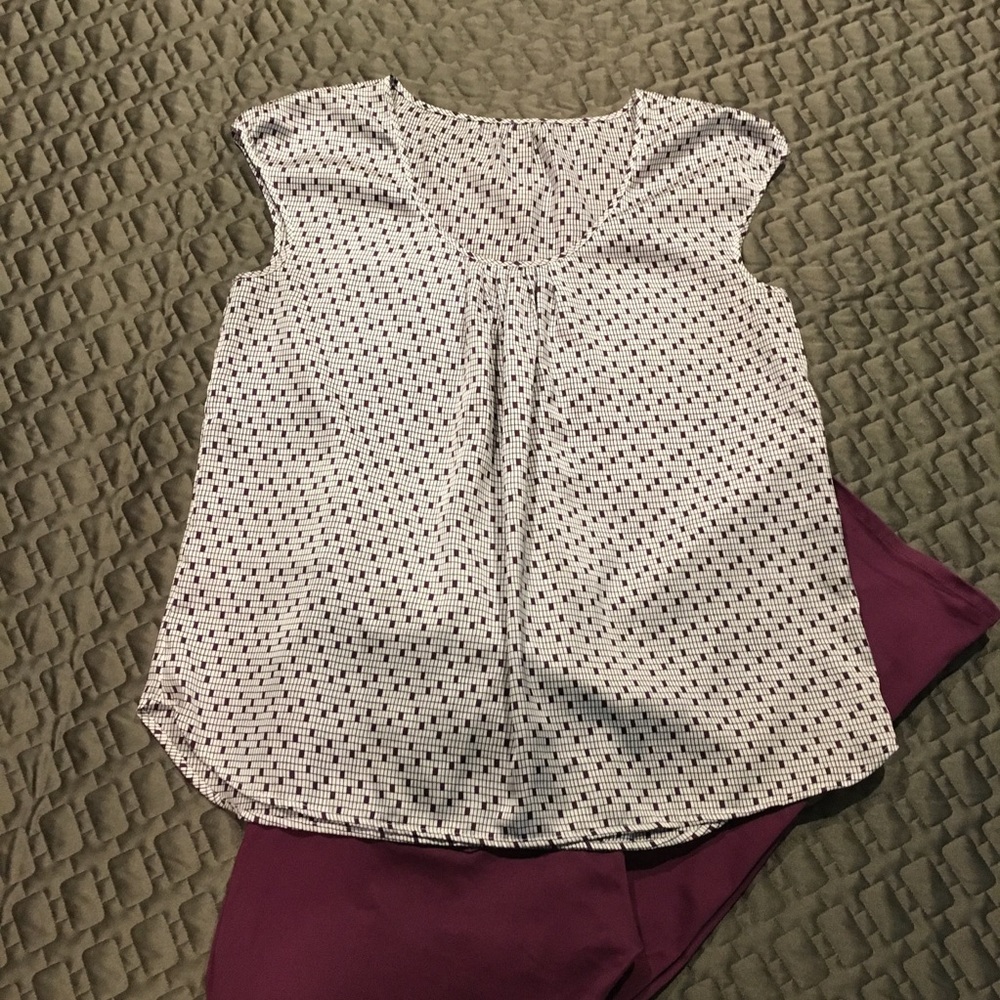 Purple, black and white sleeveless top, size L