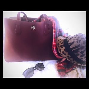 Large Tory Burch Oxblood Pebble Leather Tote