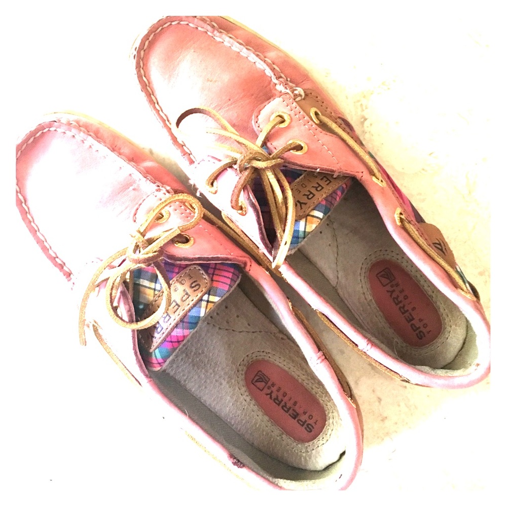SPERRY Lace Up 6M Washed Red/Plaid GOLD